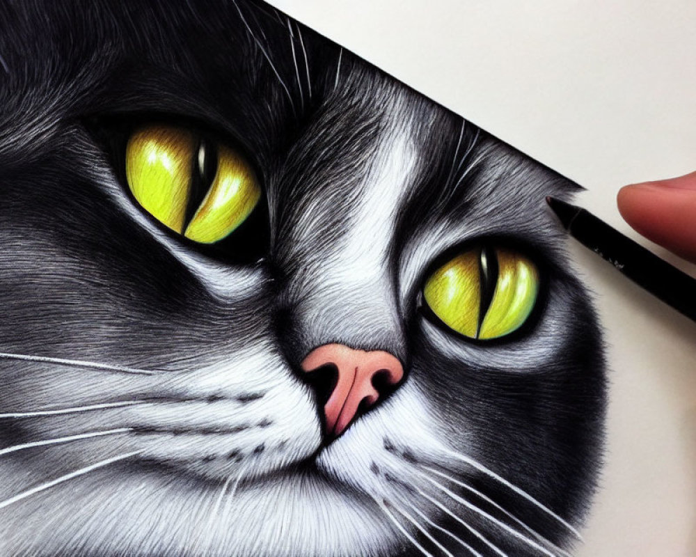 Close-up Illustration of a Cat's Face with Green Eyes