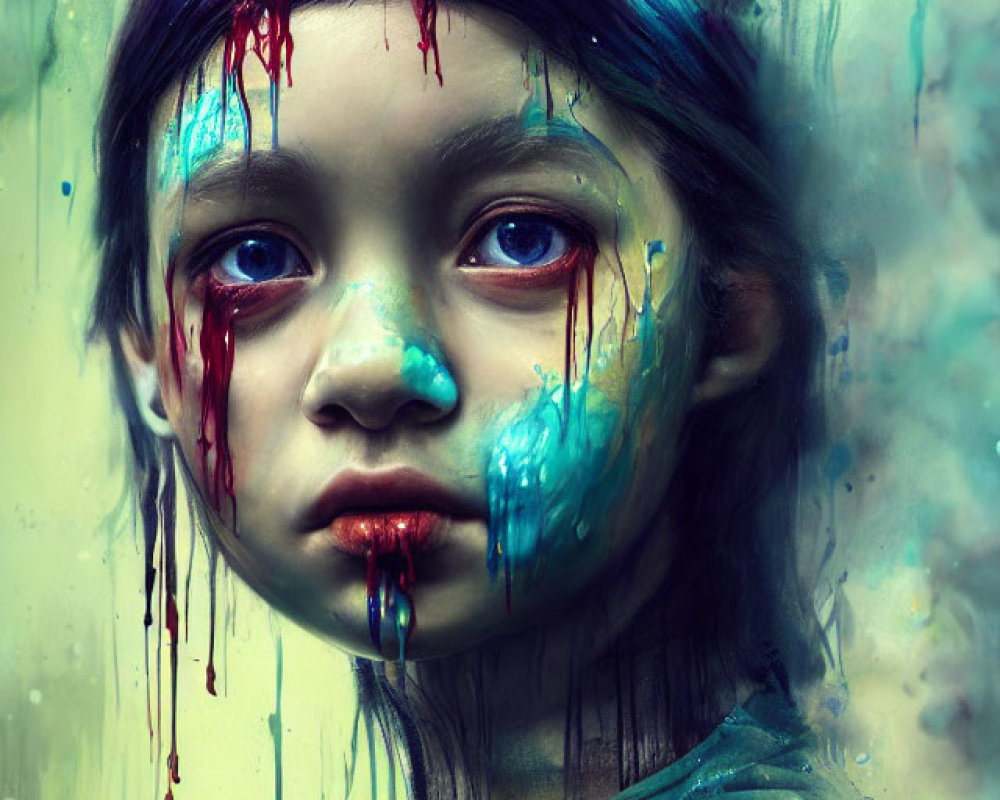 Child portrait with blue and red paint streaks and captivating red eyes