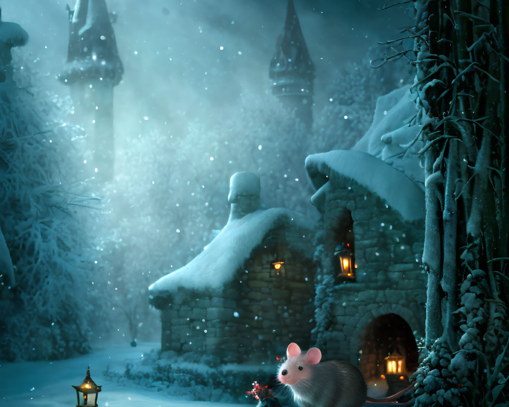 Snowy Landscape with Mouse and Lantern-Lit Cottage