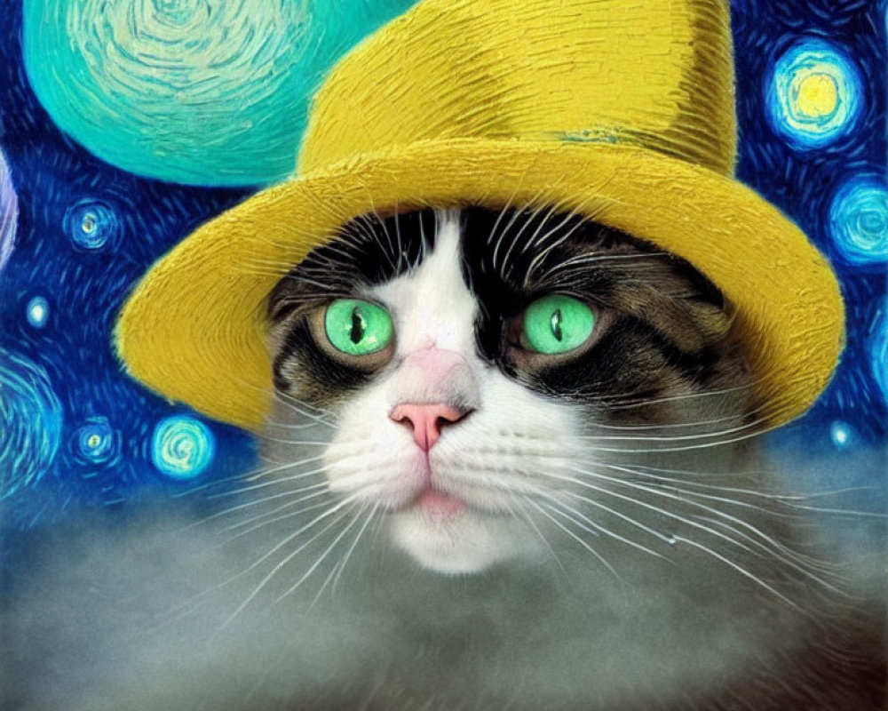 Whimsical Cat Portrait with Green Eyes and Yellow Hat