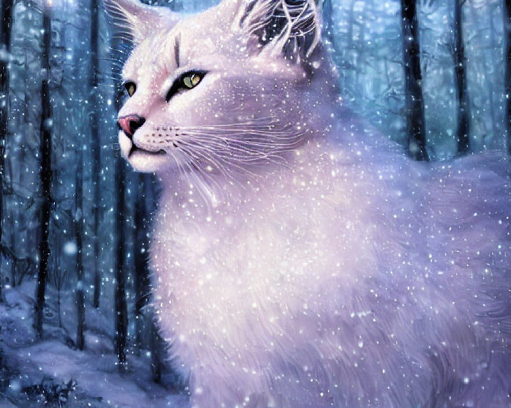 Majestic White Cat in Snowy Forest Scene