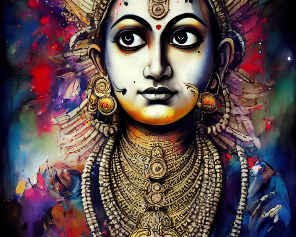 Vibrant deity illustration with traditional ornaments on abstract backdrop