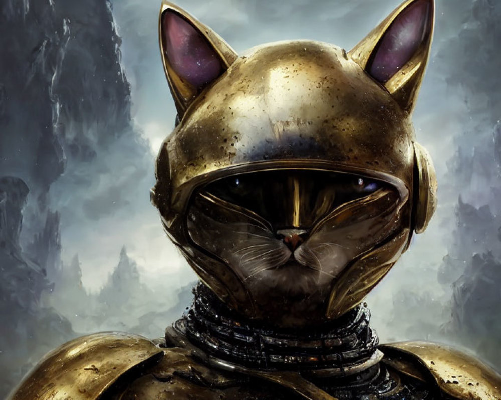 Golden-helmeted cat character with pink inner ears in dark misty setting