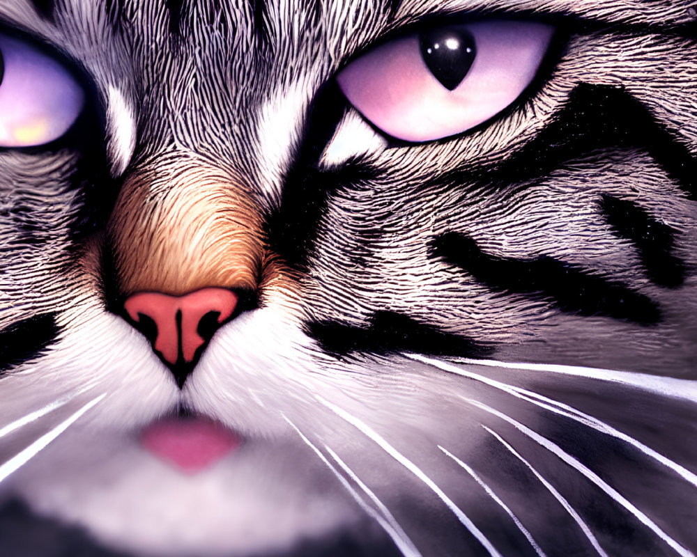 Close-Up of Cat with Purple Eyes and Black Stripes