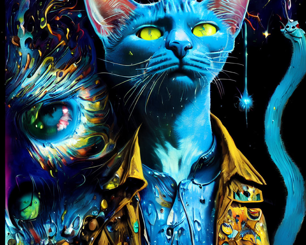 Blue Cat in Yellow Jacket Against Cosmic Background