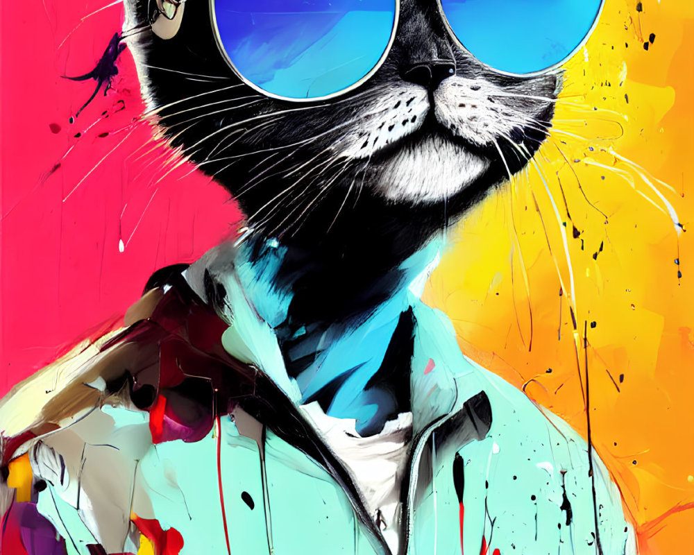 Colorful Cat Portrait with Sunglasses and Shirt on Dynamic Background