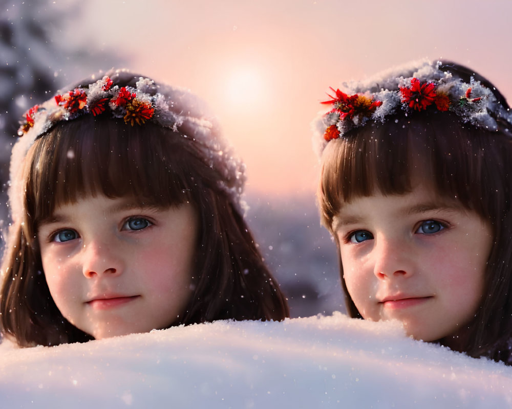 Two young girls with snowflakes and floral crowns in soft-focus sunset.