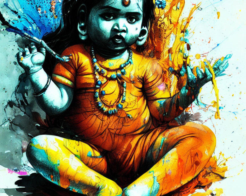 Vibrant Child in Orange Surrounded by Colorful Paint