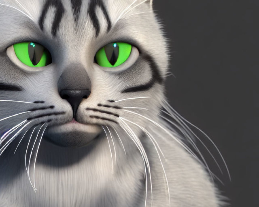 Close-up of a gray cat with green eyes and stripes