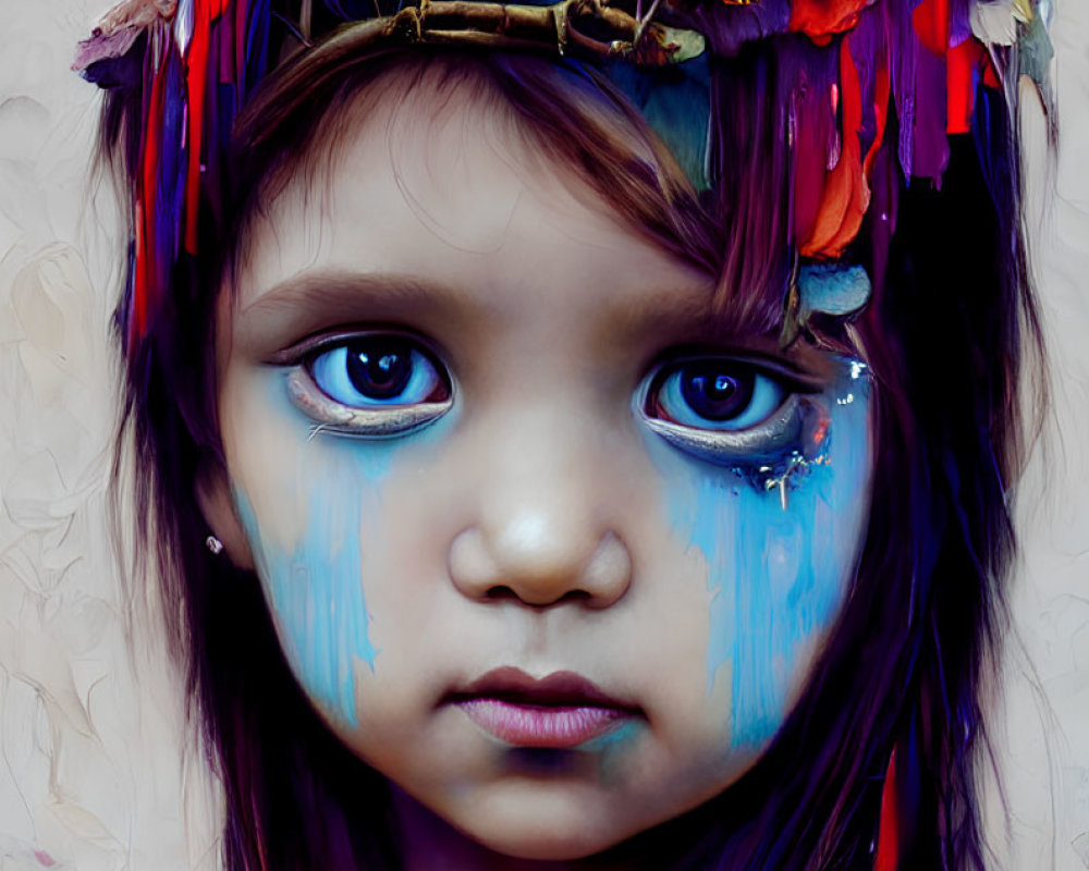 Young girl with floral crown and artistic blue streaks