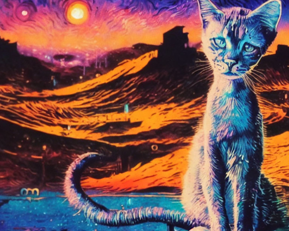 Stylized Cat in Otherworldly Colorful Landscape