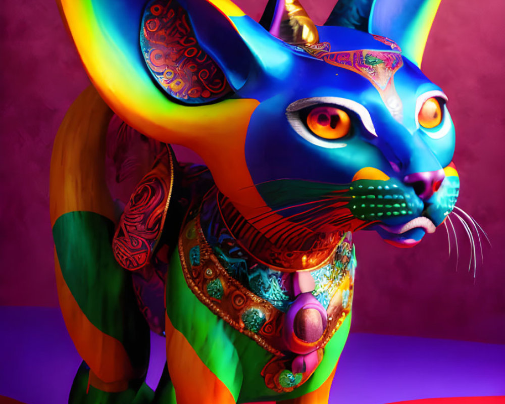 Vibrant Fantastical Cat Sculpture with Colorful Details