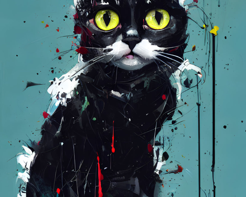 Vibrant abstract painting of a black cat with yellow eyes