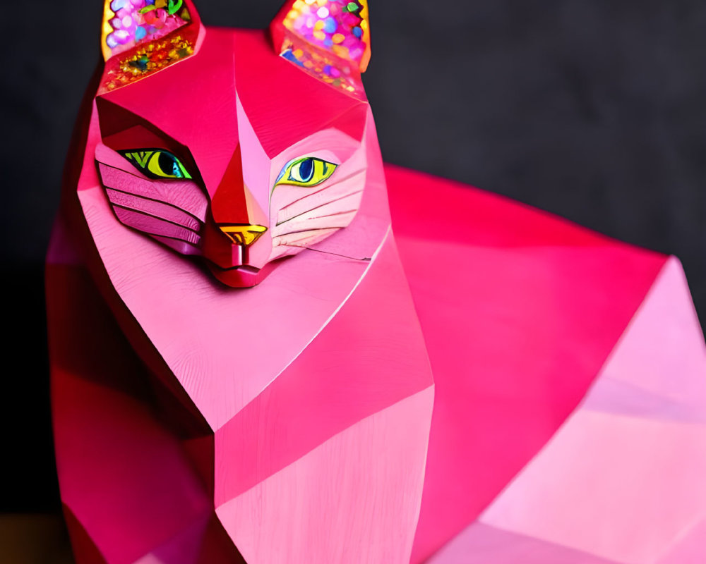 Vibrant Pink Geometric Paper Art Cat Sculpture