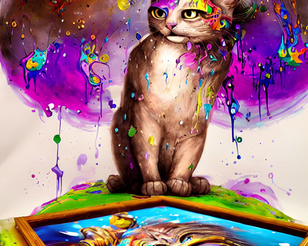 Colorful Cat Illustration with Paint Splatters and Eye