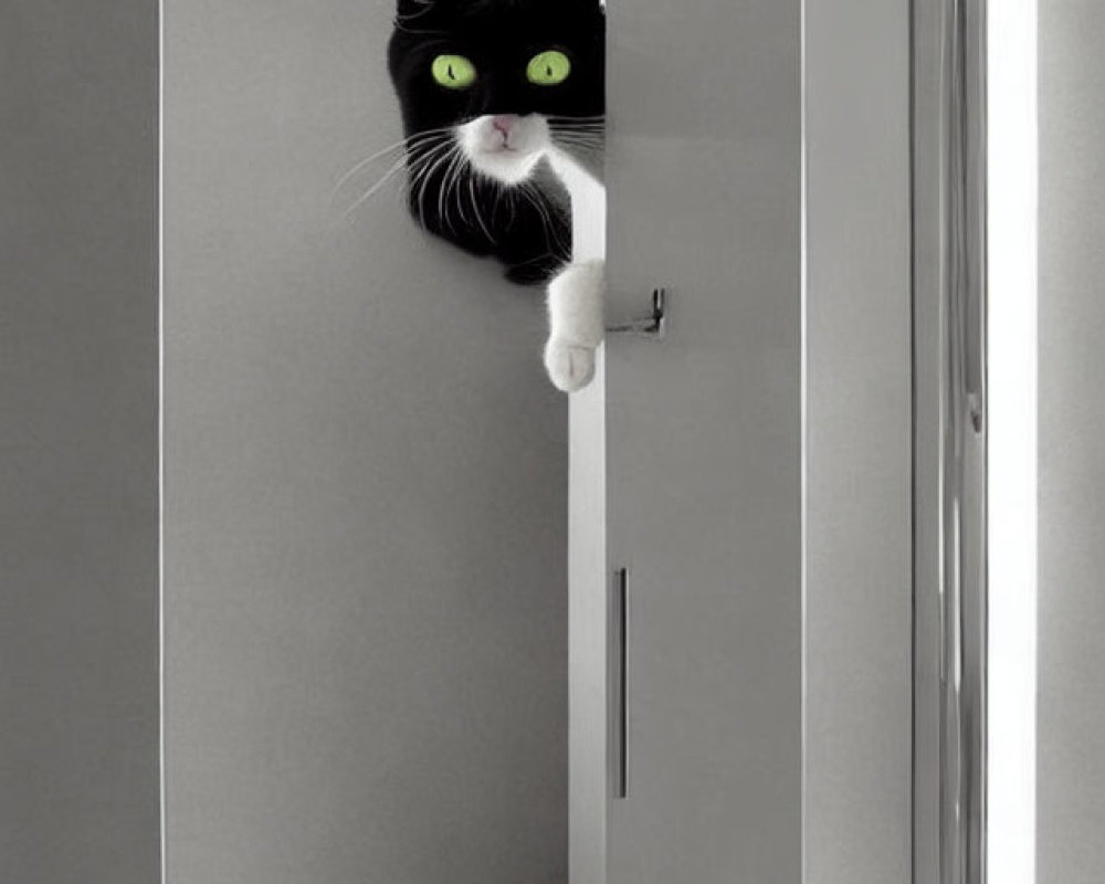 Black and White Cat with Green Eyes Peeking from White Door