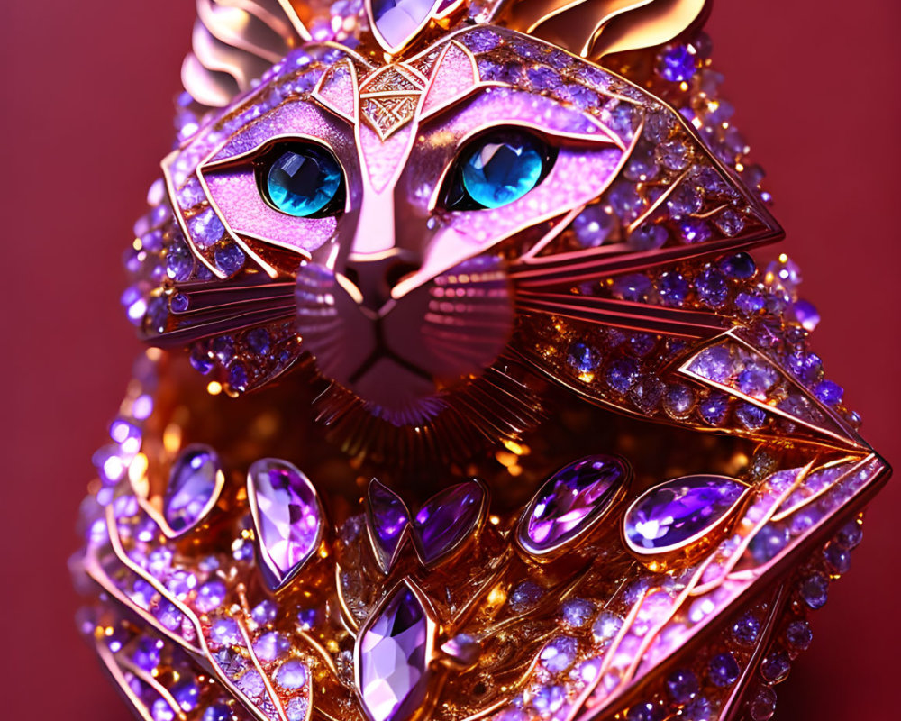 Intricate Cat Sculpture with Gemstones and Crystals