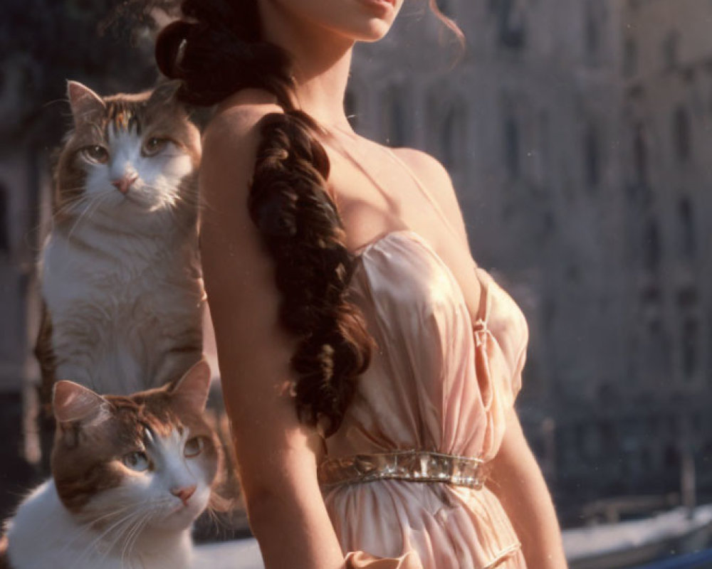 Woman in elegant dress posing with two cats by canal in sunlight