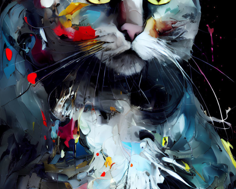 Colorful Abstract Cat Art with Yellow Eyes on Dark Background