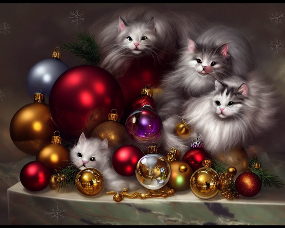 Fluffy Cats Surrounded by Festive Holiday Ornaments