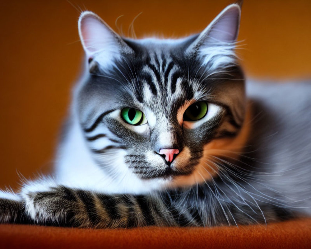 Gray Striped Cat with Green Eyes and Pink Nose on Orange Surface