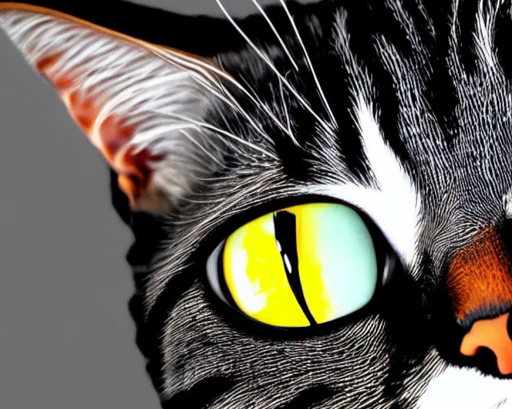 Close-up of a cat's face with yellow and turquoise eyes