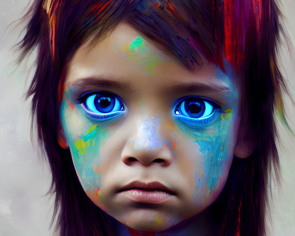 Child with Blue Eyes and Abstract Colorful Face