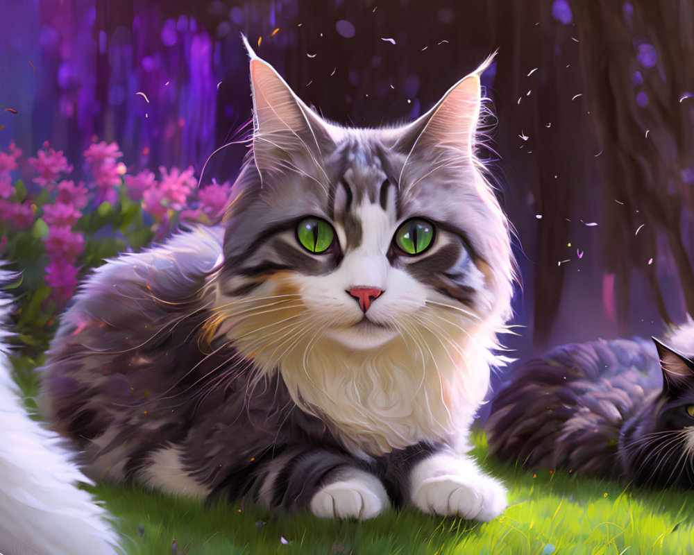 Fluffy Maine Coon Cat with Green Eyes in Garden with Purple Flowers