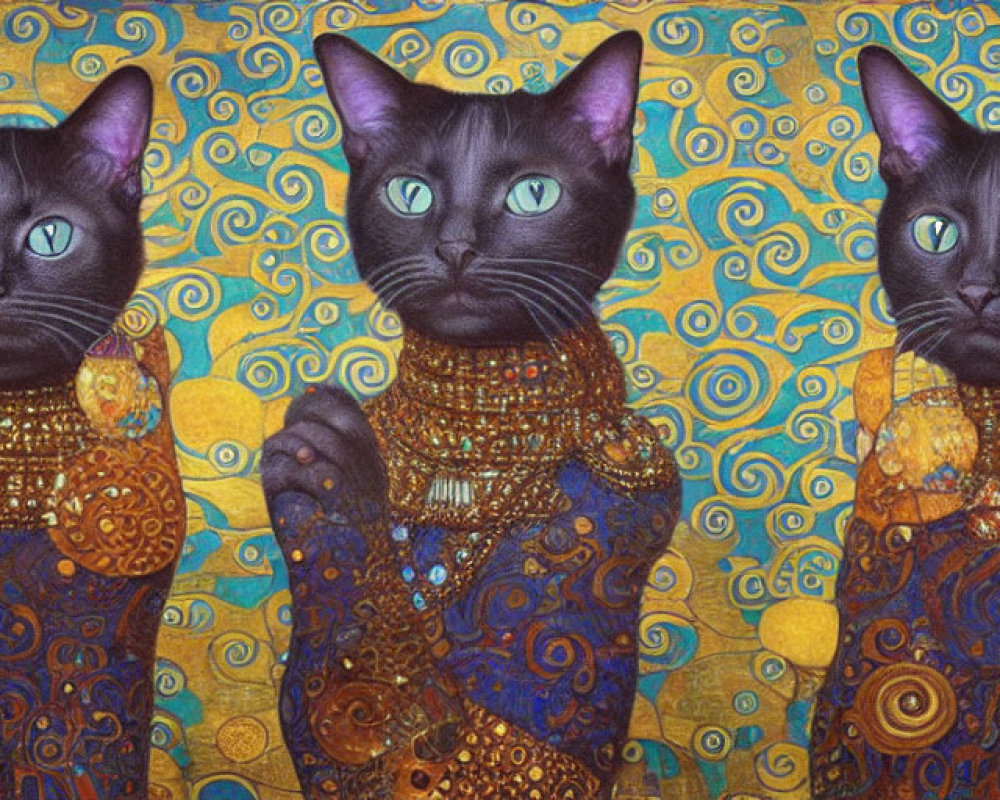 Regal Black Cats with Gold Patterns and Green Eyes