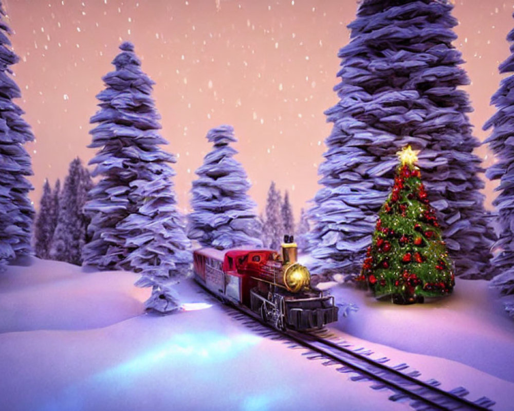 Vintage Steam Train in Snowy Twilight Landscape