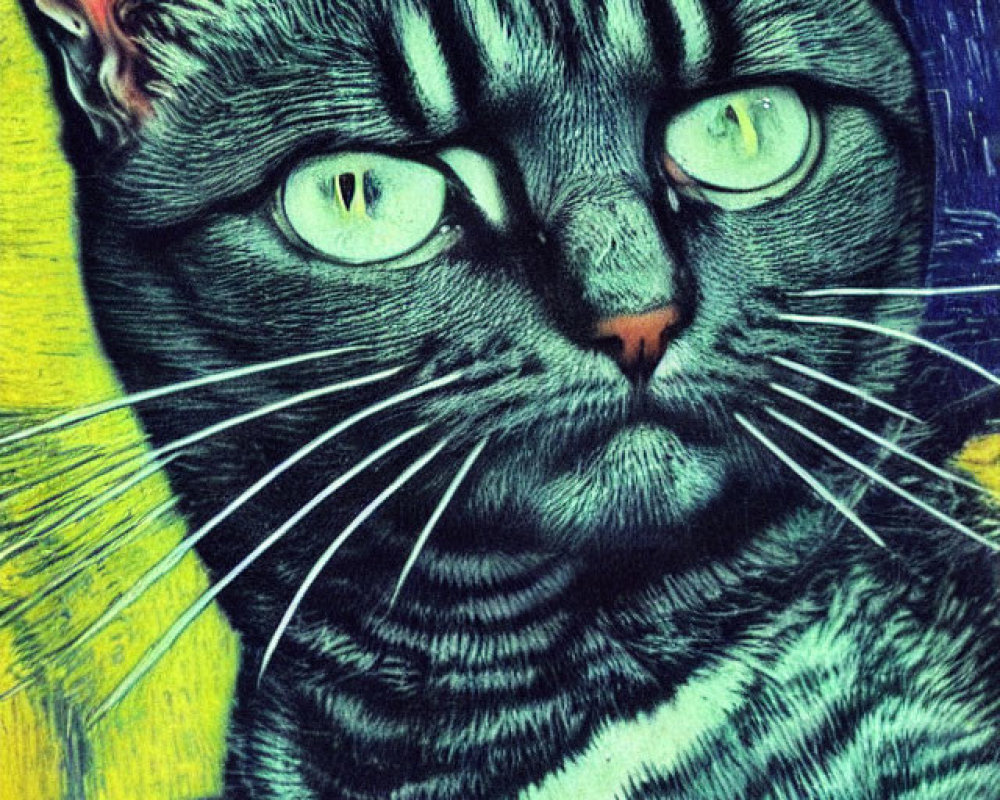 Stylized Cat Portrait with Green Eyes and Striped Coat