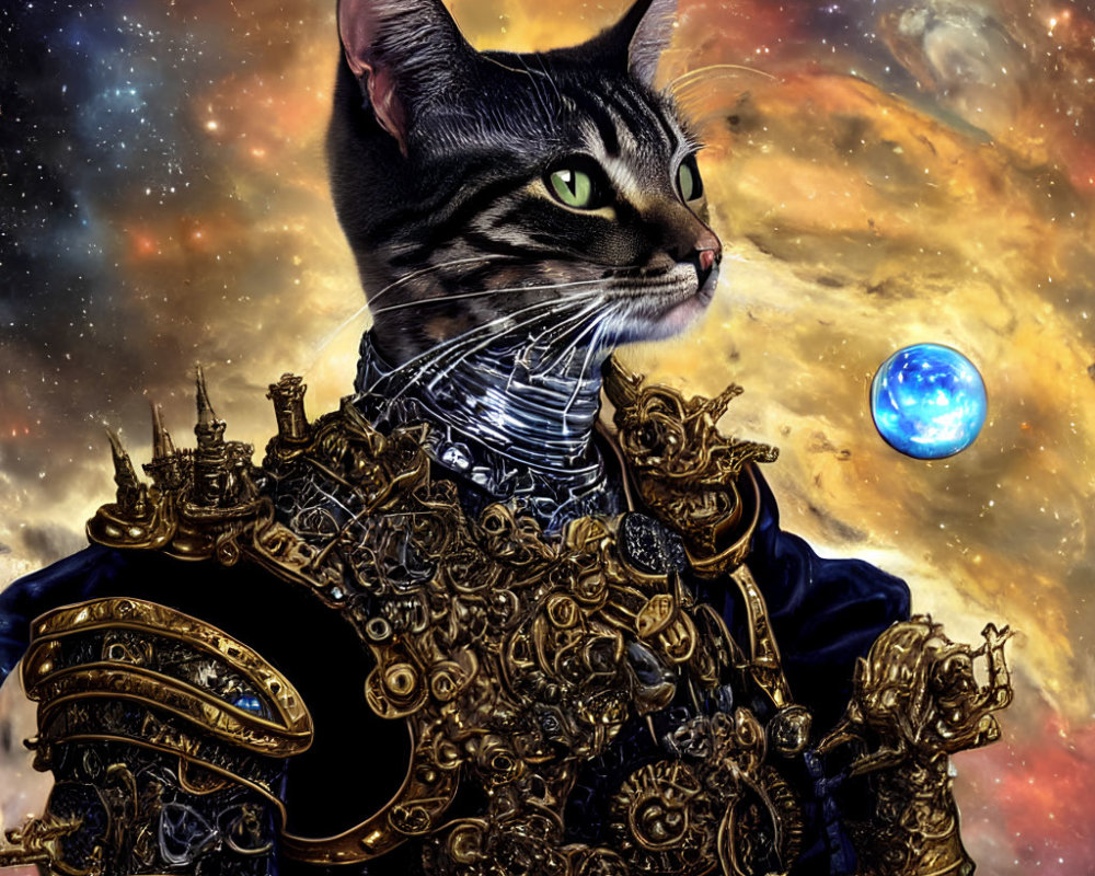 Majestic Cat in Steampunk Armor Against Cosmic Landscape