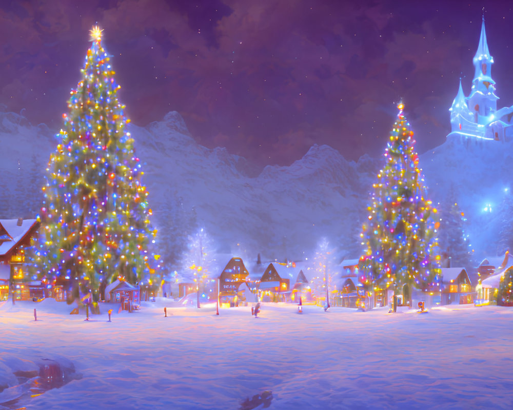 Snowy village at dusk with Christmas trees, lights, and castle under starry sky