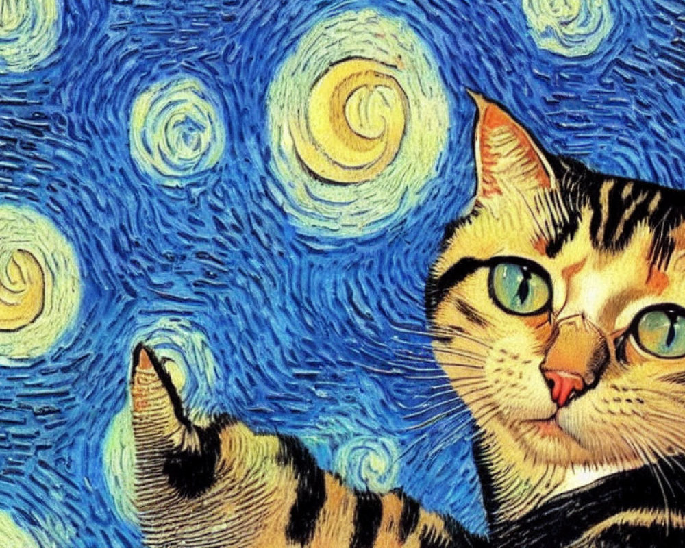 Whimsical Cat Illustration with Vibrant Night Sky