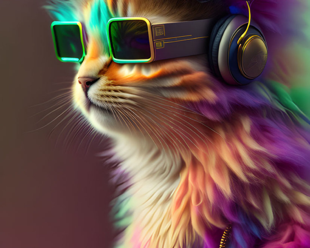 Colorful Cat with Psychedelic Fur and Headphones