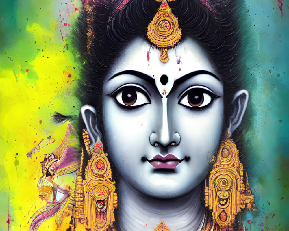 Vibrant Artwork of a Serene Deity in Golden Jewelry