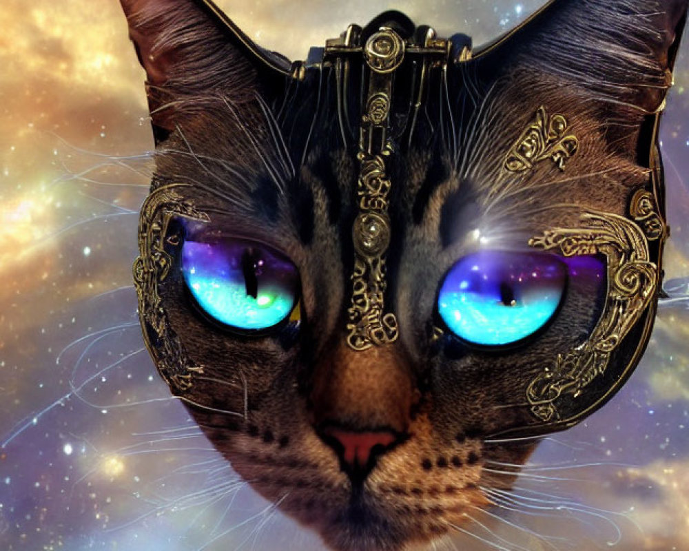 Cosmic Cat with Golden Eyewear in Vibrant Galaxy