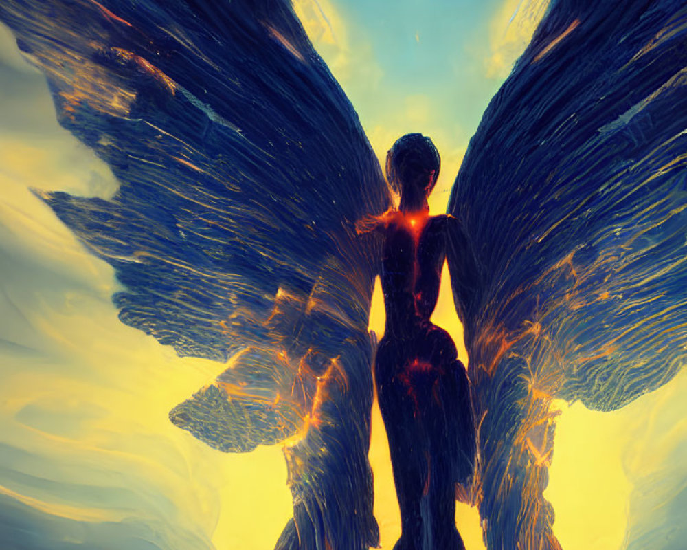 Fiery winged humanoid gazing at smaller being in vivid blue and orange backdrop