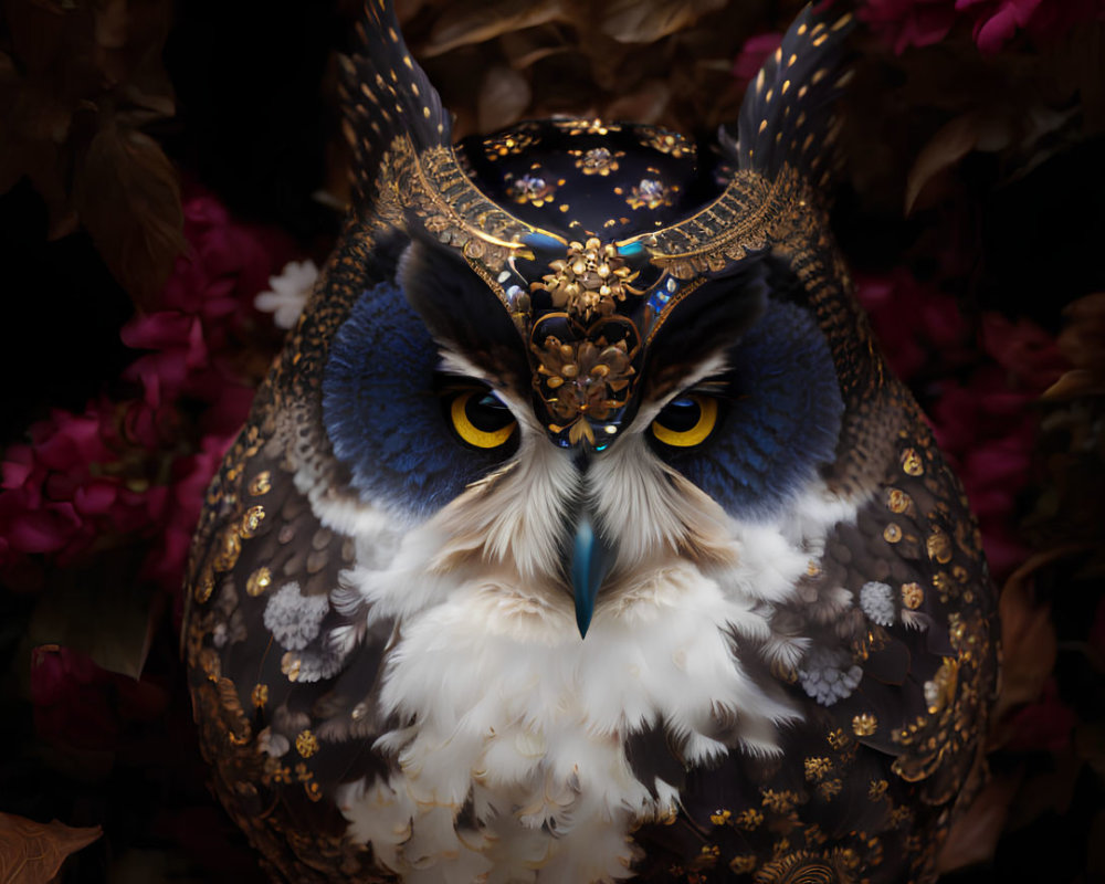 Intricately Decorated Owl with Blue and Gold Crown