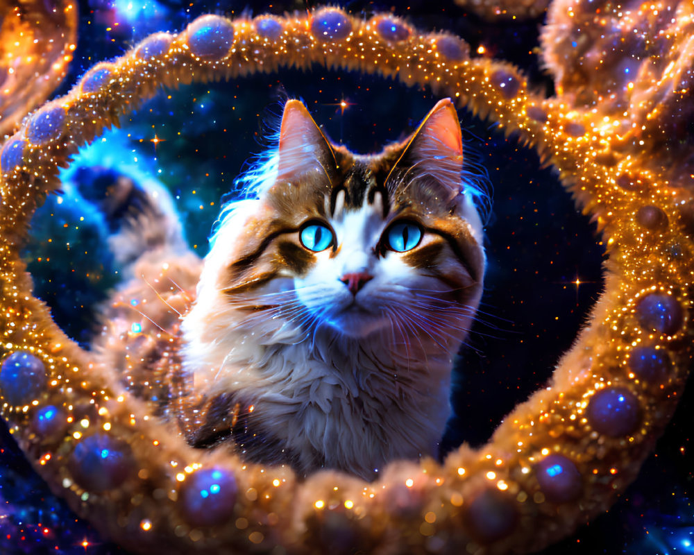 Majestic Cat with Blue Eyes in Cosmic Background