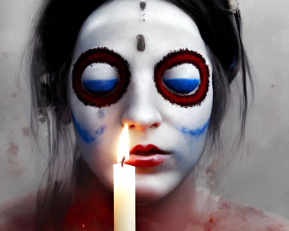 Person with white and red mask-like face paint holding a lit candle