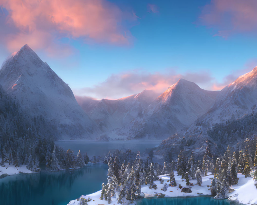 Winter Landscape with Snow-Capped Mountains and Lake