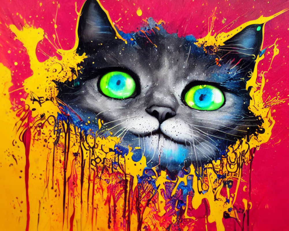 Colorful Cat Face Artwork with Striking Green Eyes