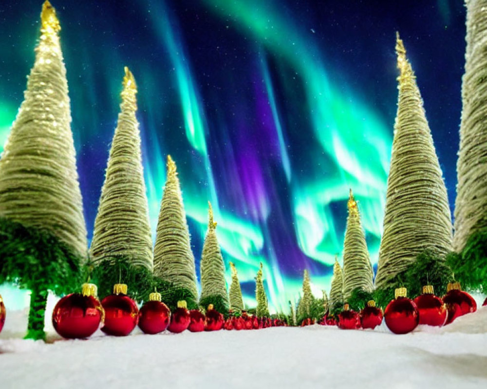 Magical Winter Scene with Evergreen Trees and Auroras