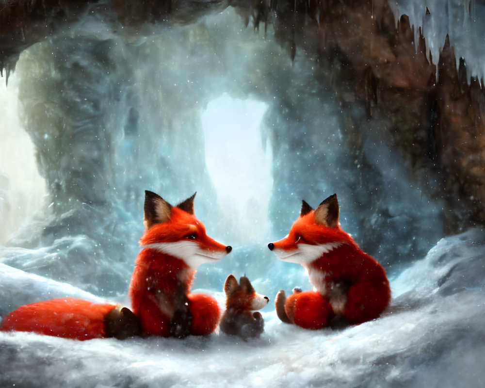 Winter Scene of Fox Family in a Serene Cave