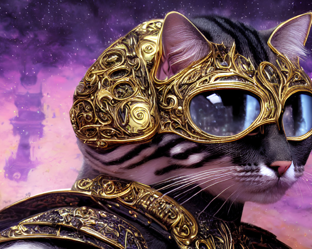 Regal Cat in Golden Armor Against Purple Background