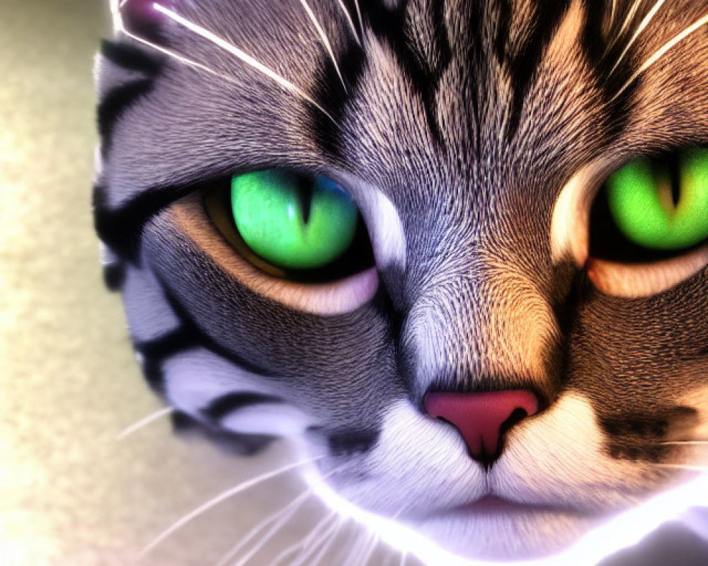 Close-up of a stylized cat's face with green eyes