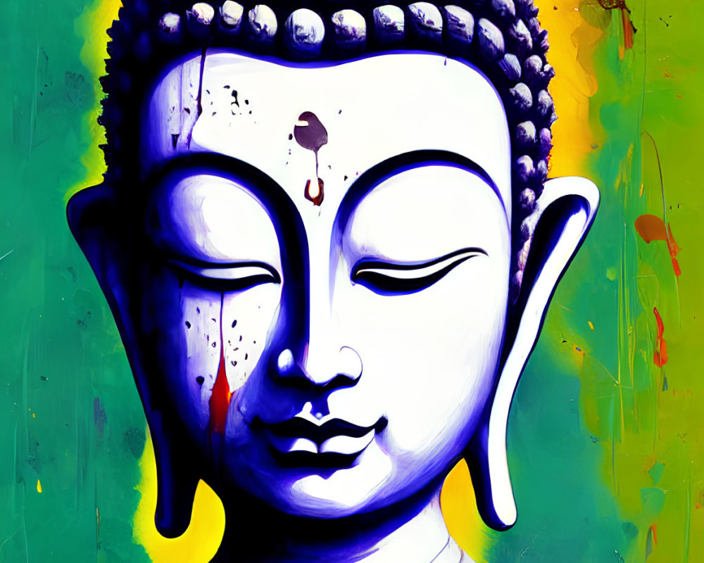 Colorful Buddha Face Painting in Purple and White Hues