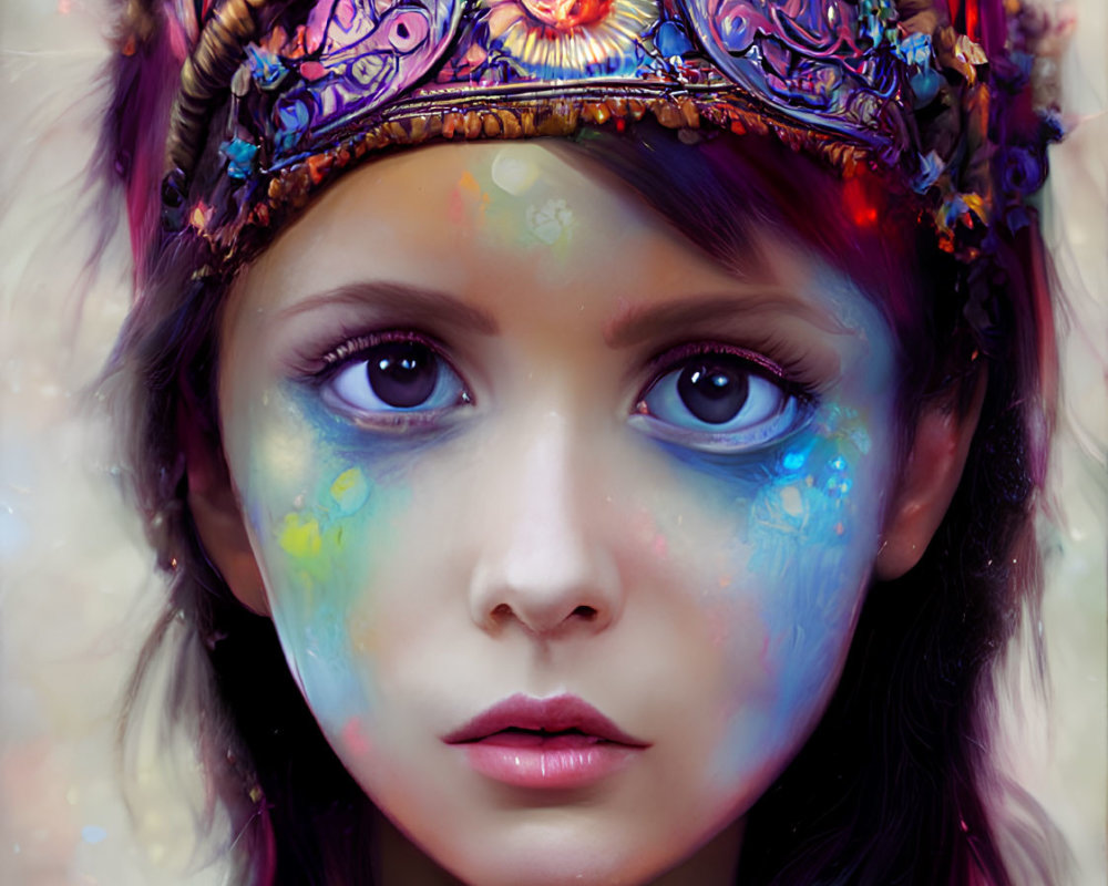 Young girl in vibrant tribal jewelry and face paint