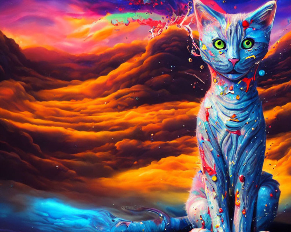 Surreal Painting of a Blue Cat in Cosmic Background